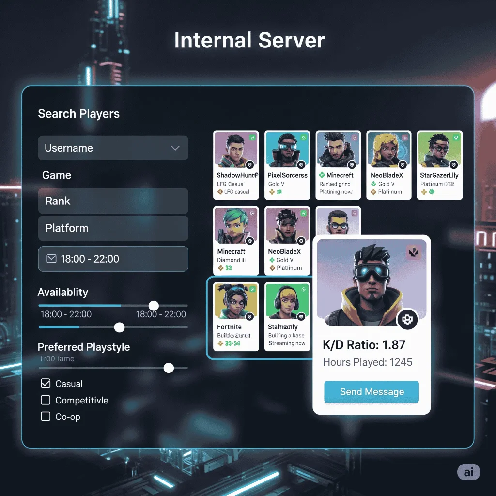 Find FACEIT Players Fast: Username, Nickname & Name Finder Tools 3 Futuristic gaming interface showing an internal server player search with filters for username, game, rank, platform, availability, and playstyle, displaying multiple gamer profiles.