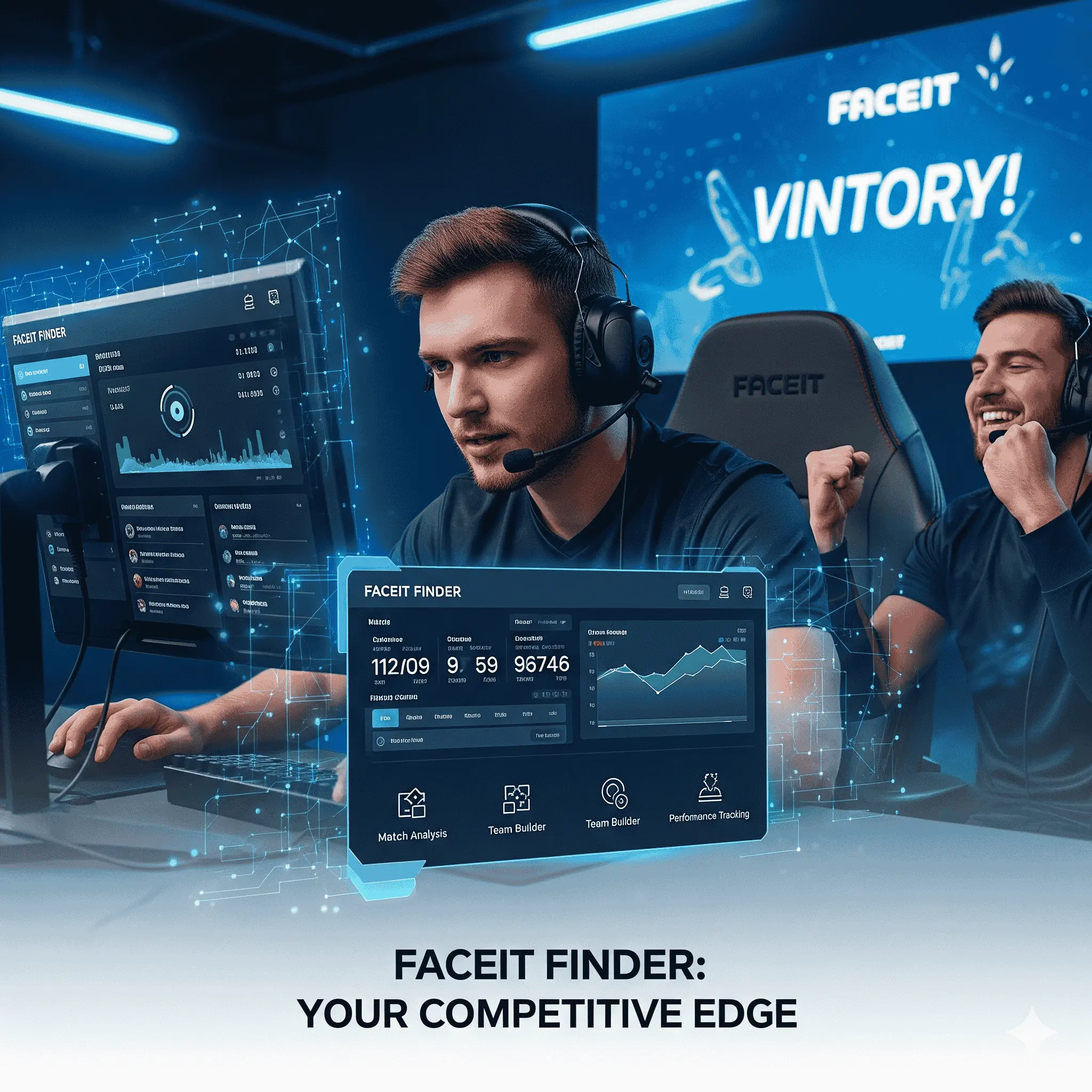 Top Tools & Apps for Using Faceit Finder to Improve Gameplay 1 Two gamers celebrating a win while using the Faceit Finder app, with stats shown on screen, supported by Faceit Finder Chrome tools and a Faceit Finder Discord bot for better teamwork.