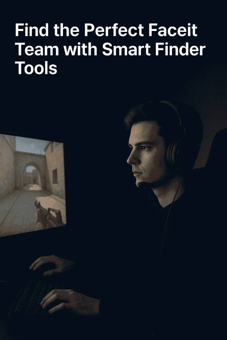A focused gamer playing CS2 in a dark, blue-lit room, representing the use of Faceit team finder, lobby finder, match finder, duo finder, party finder, friend finder, and other smart tools to find players and reliable teammates for a better game experience.