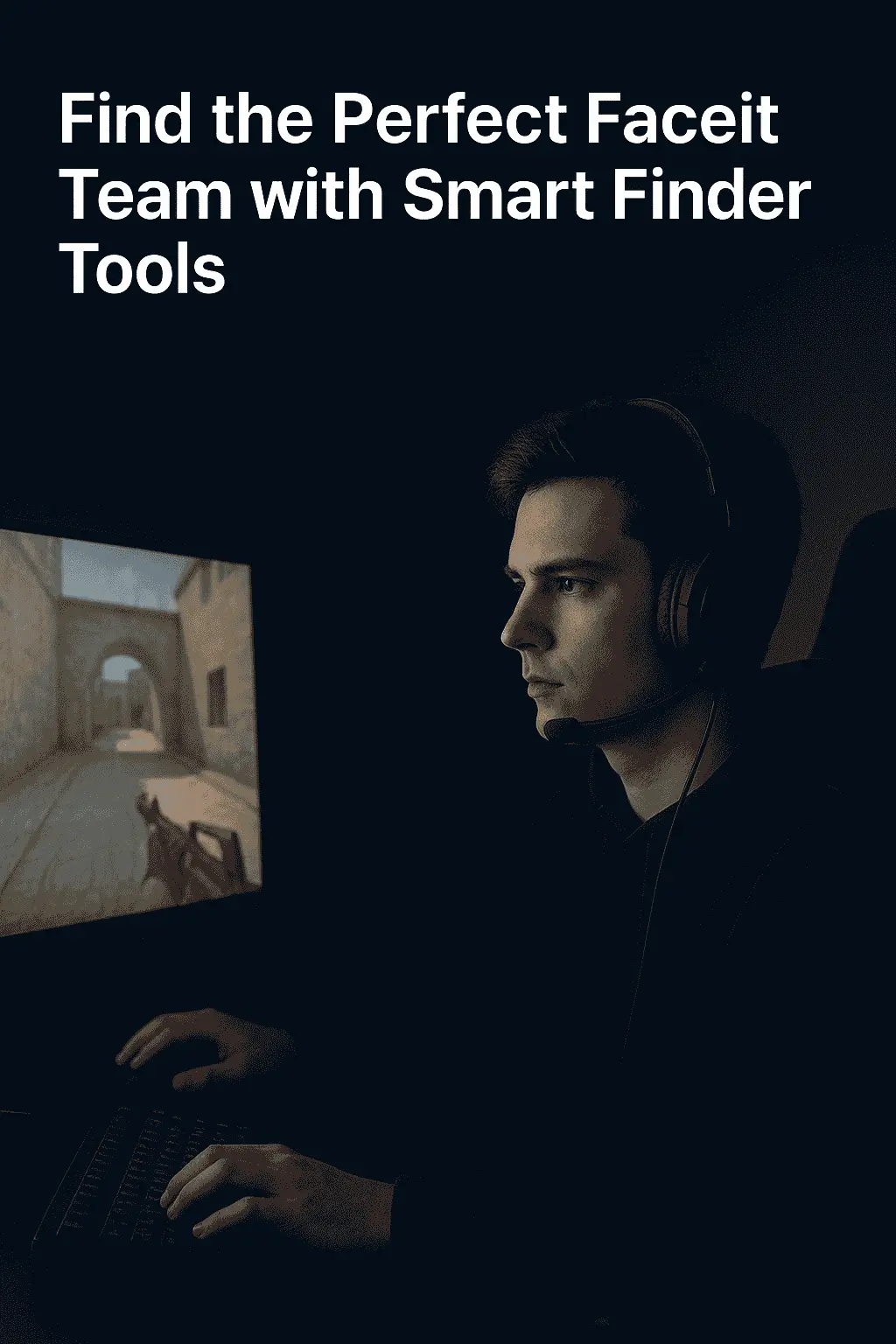 Find the Perfect Faceit Team with Smart Finder Tools 1 A focused gamer playing CS2 in a dark, blue-lit room, representing the use of Faceit team finder, lobby finder, match finder, duo finder, party finder, friend finder, and other smart tools to find players and reliable teammates for a better game experience.