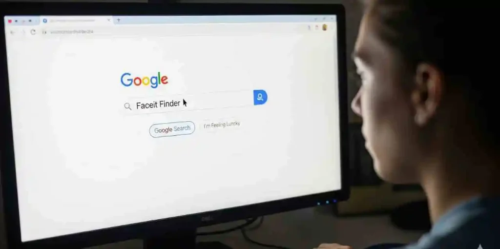 A person searches for "Faceit Finder" on Google, exploring platforms like YouTube, Reddit, and the official site