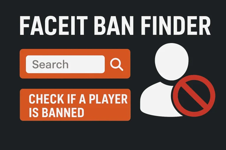 Faceit Ban Finder tool interface with search bar and banned player icon, helping gamers check if a player or friend is banned on FACEIT.