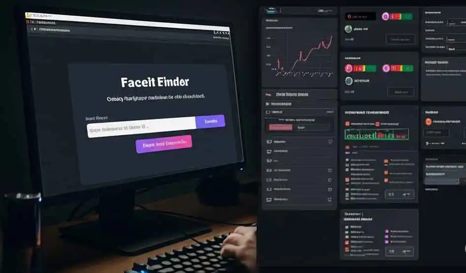Faceit Ban Finder dashboard showing player search tool, ban history analysis, and real-time trust factor insights on desktop screen.