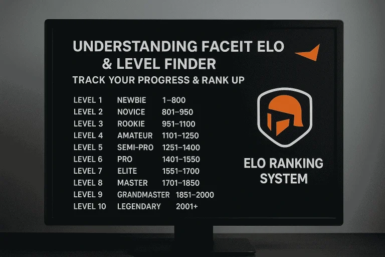 Computer screen showing Faceit ELO ranking system from Level 1 (Newbie) to Level 10 (Legendary), helping gamers track their progress and improve with Faceit ELO & Level Finder tools.