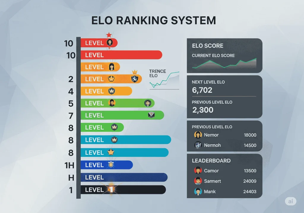 Colorful Faceit ELO ranking system chart showing levels from 1 to 10, player icons, current ELO progress, next level target (6,702), previous level (2,300), and a leaderboard with top players’ scores. Visual representation of progression and ranking insights using Faceit ELO tracking tools.
