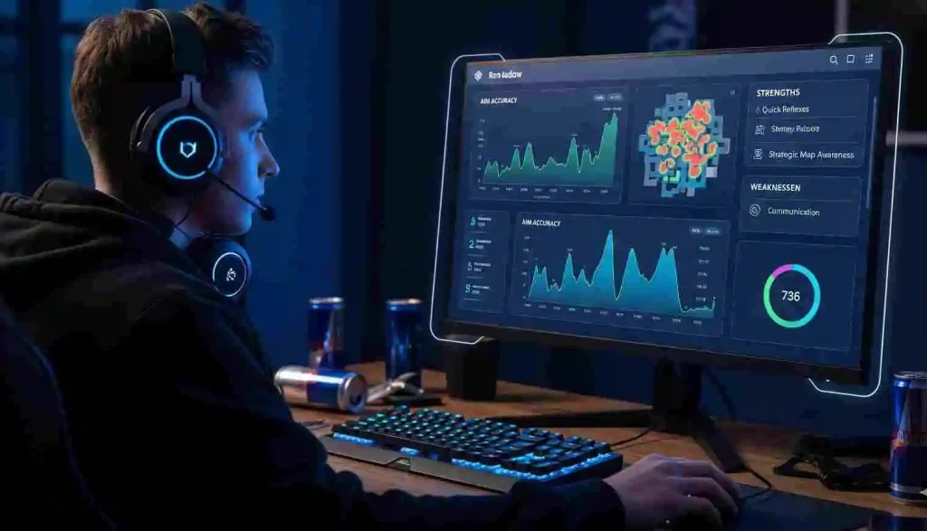 Top Tools & Apps for Using Faceit Finder to Improve Gameplay 6 Pro gamer analyzing aim accuracy and heatmap data on the Faceit Finder app, supported by Faceit Finder Chrome tools and the Faceit Finder Discord bot for advanced performance insights.