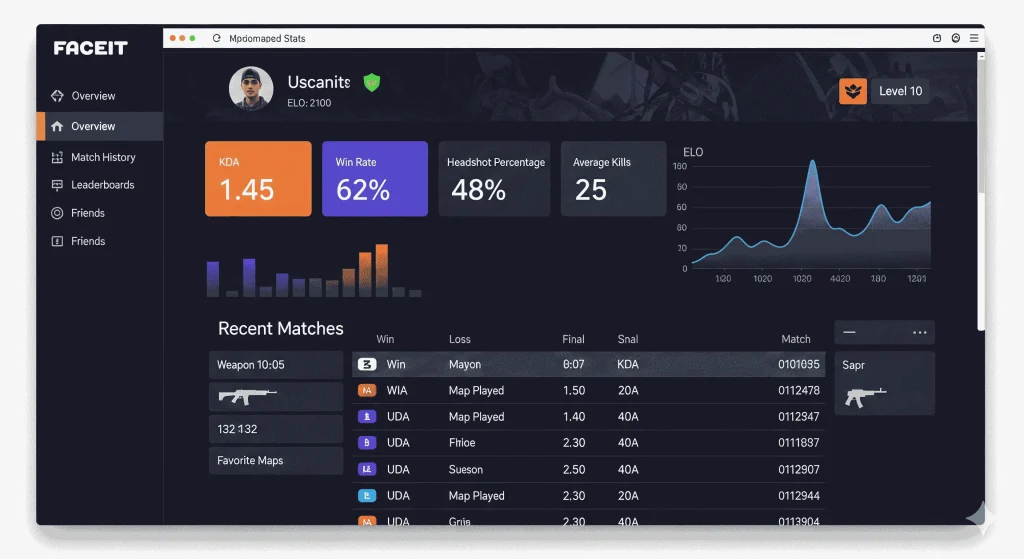 Top Tools & Apps for Using Faceit Finder to Improve Gameplay 5 Faceit Finder app dashboard showing player match history and performance analytics, with Faceit Finder Chrome integration and Faceit Finder Discord bot support for tracking wins.