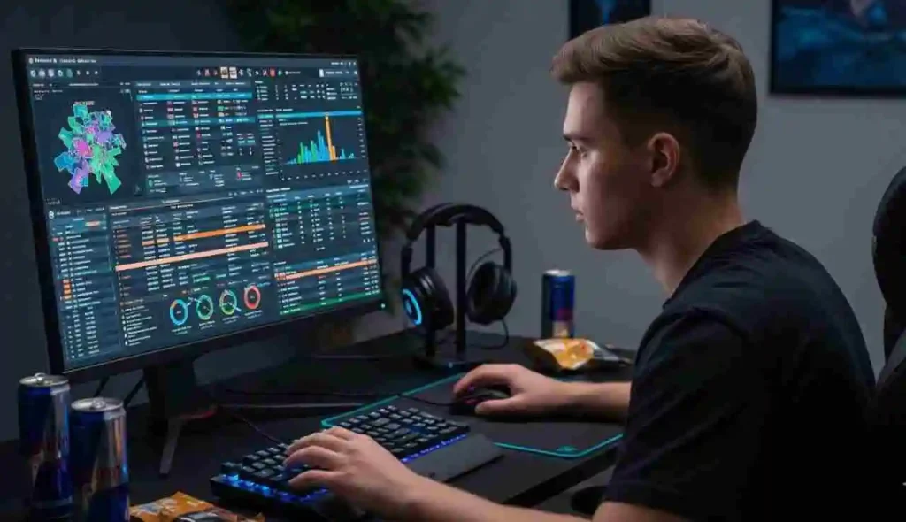Top Tools & Apps for Using Faceit Finder to Improve Gameplay 3 Focused gamer using the Faceit Finder app on a desktop screen, enhanced with Faceit Finder Chrome features and the Faceit Finder Discord bot for deeper match tracking.