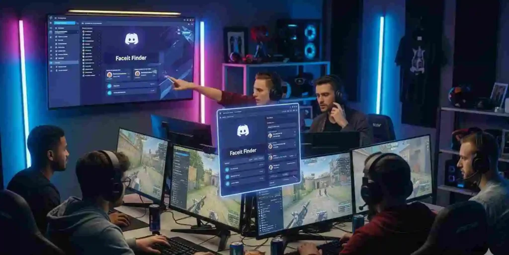 Top Tools & Apps for Using Faceit Finder to Improve Gameplay 4 Esports players coordinating strategy with the Faceit Finder app on multiple screens, using the Faceit Finder Discord bot for communication and Faceit Finder Chrome features for live match support.