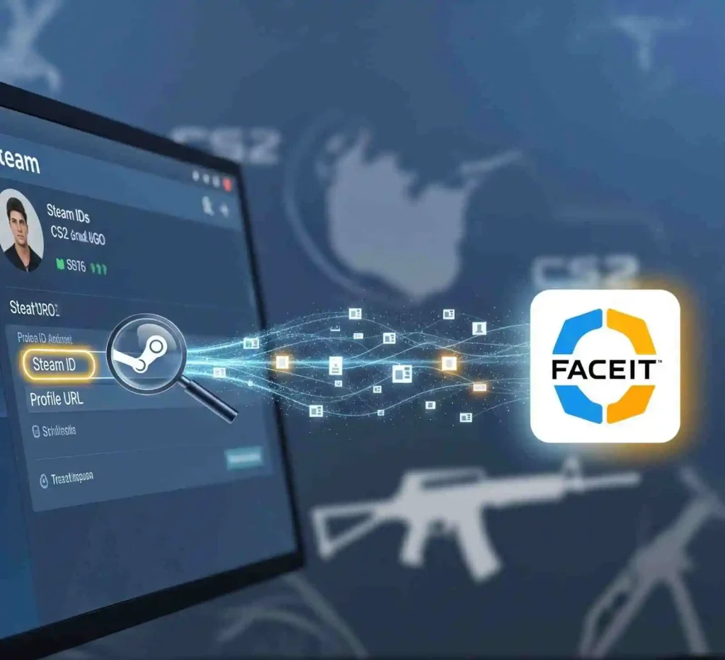 Faceit Finder by Steam: Easily Connect and Track CSGO Stats and Profiles 2 A graphic showing how Faceit Finder uses a Steam ID and Steam URL to pull player stats from a Steam profile.