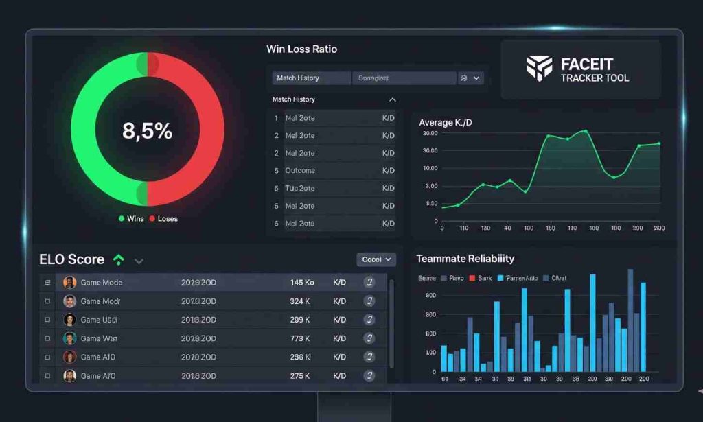 Advanced Tools and Features of Faceit Analyzer: Boost Your Strategy 2 A comprehensive Faceit tracker tool dashboard displaying win-loss ratios, match history, teammate reliability, and detailed ELO scores. The Faceit finder email and URL features are useful for tracking player performance and improving gaming strategies. This tool also integrates reverse Faceit finder functionalities for in-depth analysis.