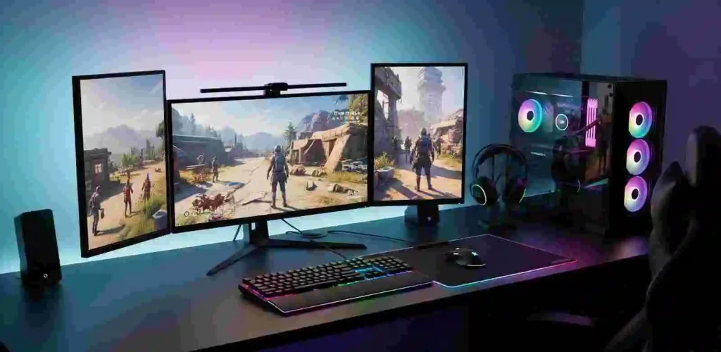 Advanced Tools and Features of Faceit Analyzer: Boost Your Strategy 5 Triple monitor RGB gaming setup with high-end PC, showing immersive gameplay, perfect for faceit finder tracker use, reverse faceit finder tools, and faceit ip finder support.