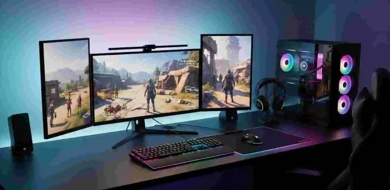 Triple monitor RGB gaming setup with high-end PC, showing immersive gameplay, perfect for faceit finder tracker use, reverse faceit finder tools, and faceit ip finder support.