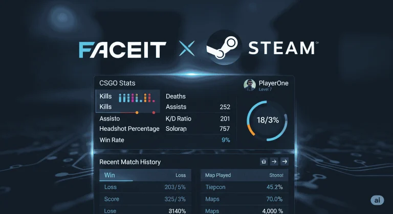 A digital interface of a Steam Faceit finder tool, showing player stats and match history, with the Faceit and Steam logos connected
