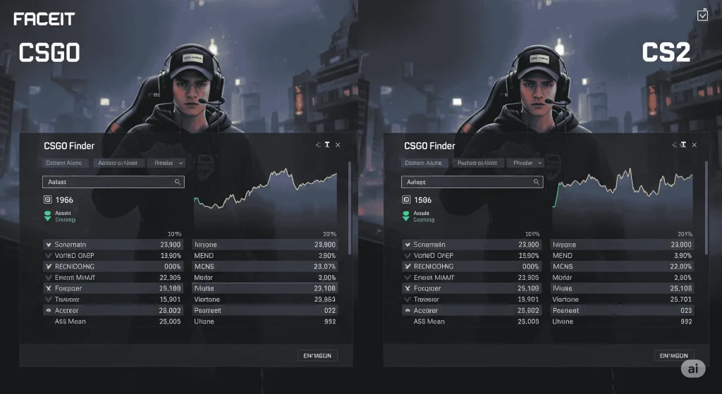 Track CS2 & CSGO stats, detect smurfs, and uncover multi-accounts with top Faceit finder tools. 7 A split-screen comparison of a gamer's Faceit stats in CSGO versus CS2.