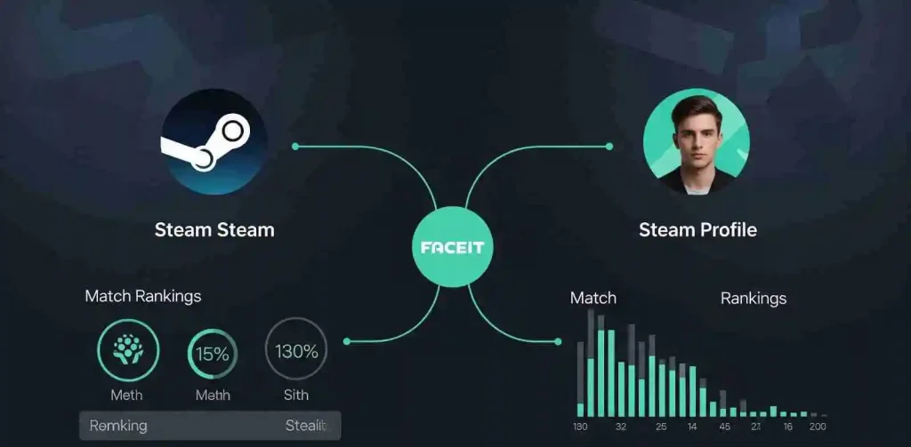 Faceit Finder by Steam: Easily Connect and Track CSGO Stats and Profiles 3 A image illustrating how Faceit Finder connects a Steam account to a Faceit profile to display player stats like match rankings and performance data.