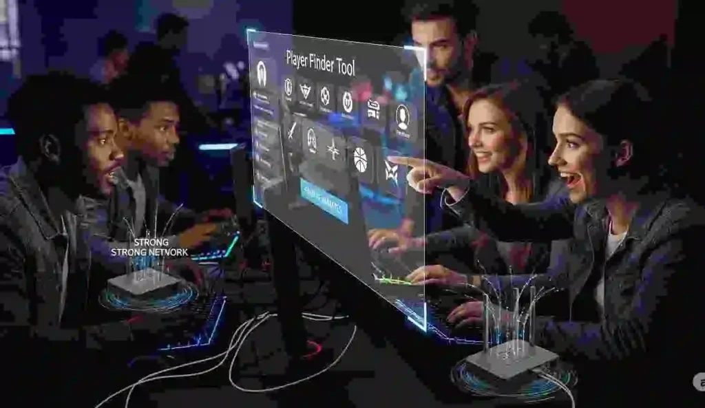 Find the Perfect Faceit Team with Smart Finder Tools 5 A group of gamers are shown using a digital tool on a monitor. The image represents how a Faceit team finder and Faceit teammates finder can help gamers find players and a match quickly.