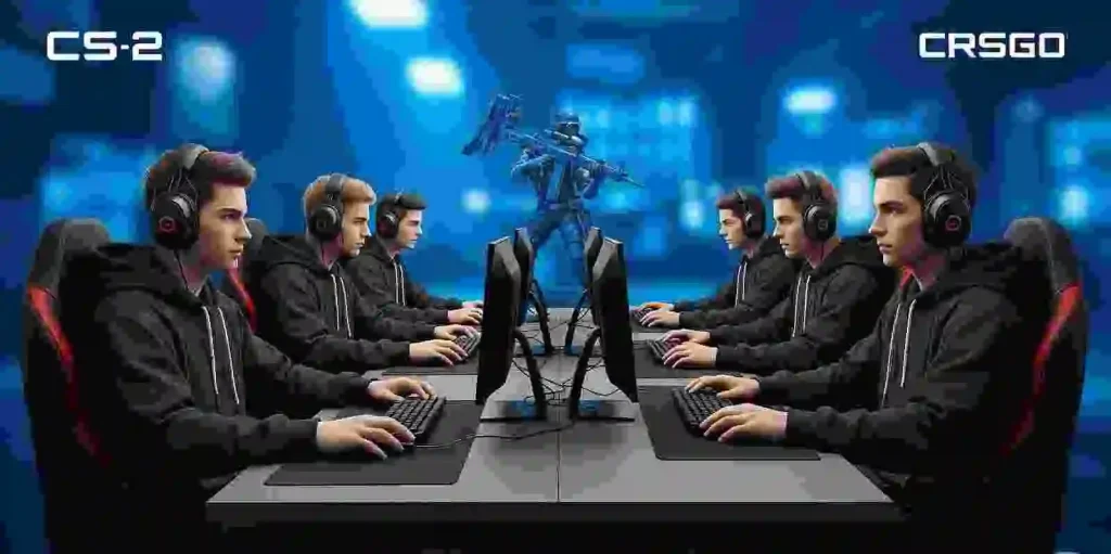Find the Perfect Faceit Team with Smart Finder Tools 2 Two full CS2 and CSGO teams facing off in an esports setting, highlighting the use of Faceit team finder, lobby finder, match finder, party finder, duo finder, friend finder, and teammates finder tools to find players and build competitive gaming squads.