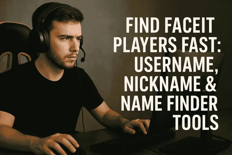 Focused gamer wearing headset using FACEIT player search tools to find usernames, nicknames, and player profiles quickly.