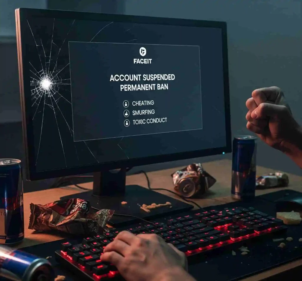 A close-up of a gaming desk with a cracked monitor displaying a FACEIT ban message. The message reads, "ACCOUNT SUSPENDED PERMANENT BAN" and lists the reasons as "CHEATING," "SMURFING," and "TOXIC CONDUCT." A gamer's frustrated hands are in the foreground, one gripping a red-lit keyboard while the other is clenched in a fist, suggesting anger after being banned.