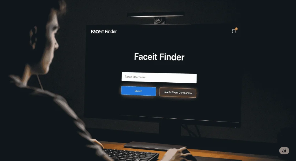 Track CS2 & CSGO stats, detect smurfs, and uncover multi-accounts with top Faceit finder tools. 4 A person sits in a dark room, lit by the glow of a computer monitor displaying the "Faceit Finder" website.