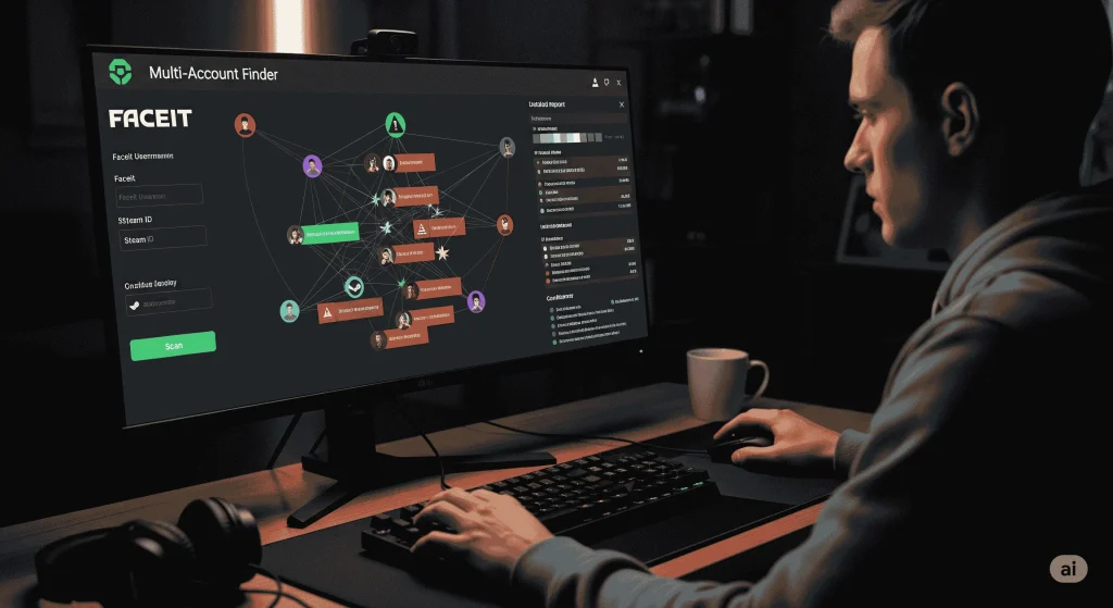 Track CS2 & CSGO stats, detect smurfs, and uncover multi-accounts with top Faceit finder tools. 5 Person in Pakistan uses Faceit Multi-Account Finder software on a computer, showing interconnected player data.