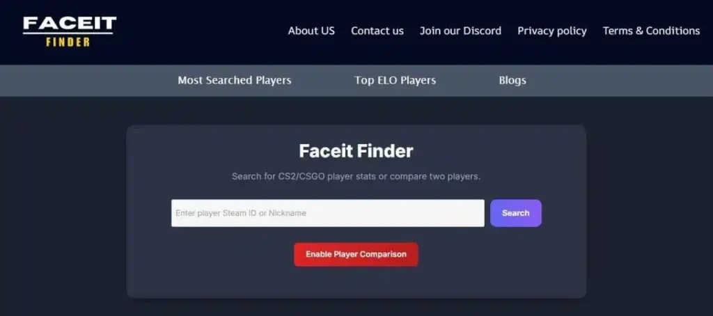 The Faceit Finder website interface showing a CS2/CSGO player search bar, where users can enter a Steam ID or nickname. It's commonly searched via Google, discussed on Reddit, and sometimes reviewed on YouTube .