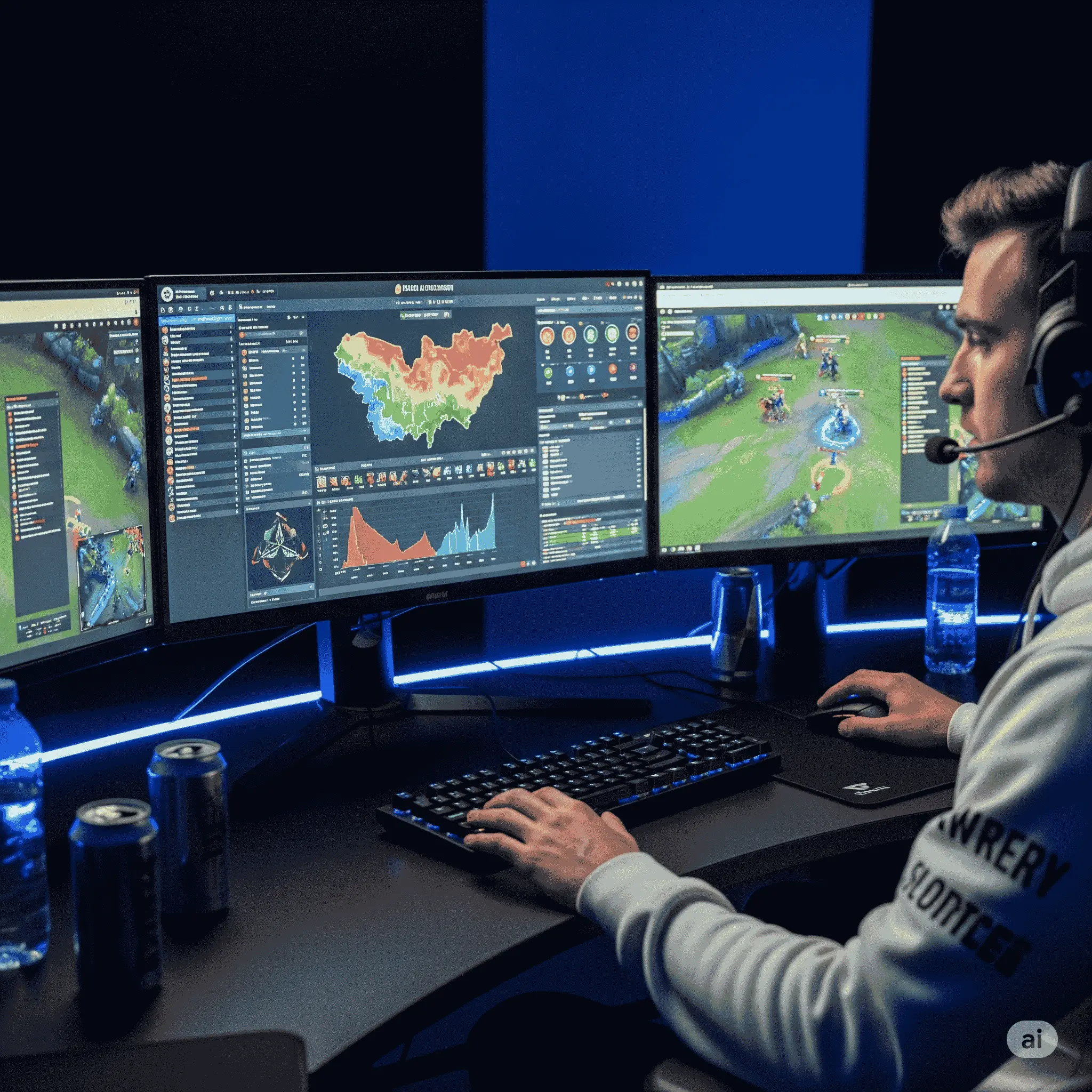 Track CS2 & CSGO stats, detect smurfs, and uncover multi-accounts with top Faceit finder tools. 1 A realistic photo of a professional gamer at a multi-monitor desk, using a Faceit account finder to analyze CS2 and CSGO player stats and detect smurfs.