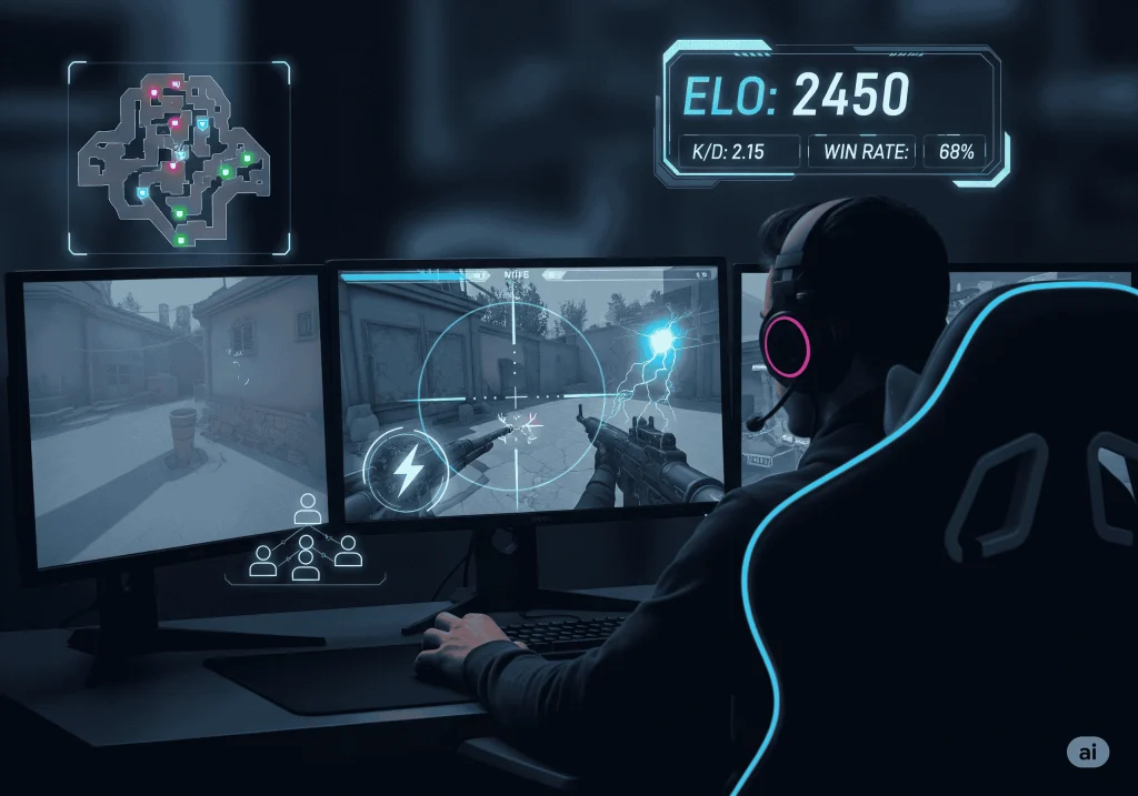 A gamer with a headset sits in a futuristic chair, playing a first-person shooter on three monitors. A blue ELO ranking overlay shows the player's ELO score, Kill/Death ratio, and win rate, while other visuals represent tactical map knowledge and quick reflexes.