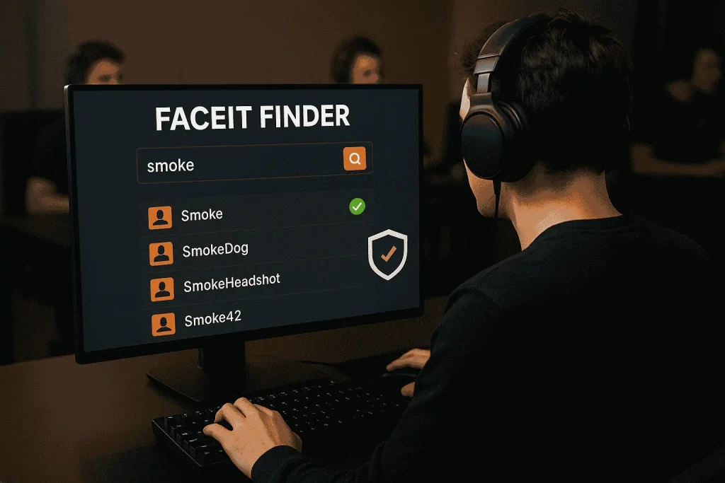 Find FACEIT Players Fast: Username, Nickname & Name Finder Tools 2 Focused gamer with headset searching FACEIT usernames on a computer, viewing a list of matching player profiles.