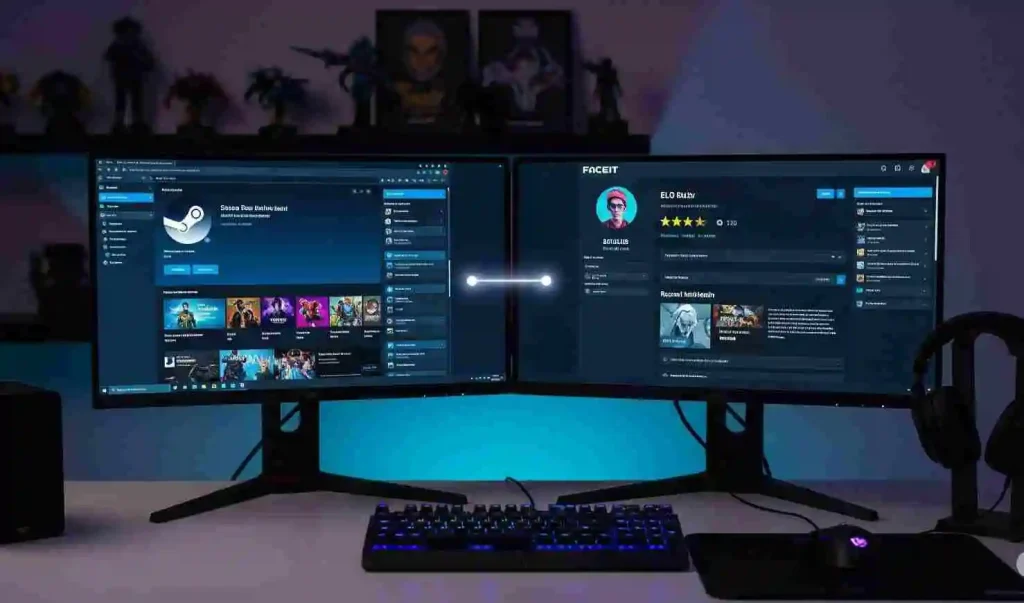Faceit Finder by Steam: Easily Connect and Track CSGO Stats and Profiles 4 An image of a gaming setup with a Steam profile on one monitor and a Faceit profile on the other, showing the process of linking a Steam ID to a Faceit account to view player stats.