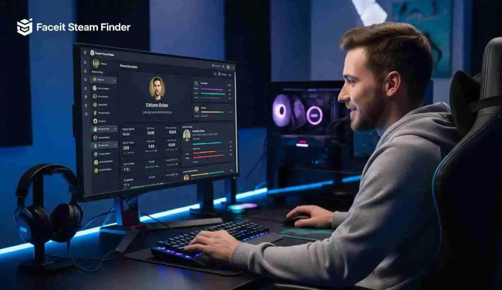 Faceit Finder by Steam: Easily Connect and Track CSGO Stats and Profiles 5 A competitive gamer uses the Faceit Steam Finder to view player stats on their computer, demonstrating the tool's transparency and convenience.