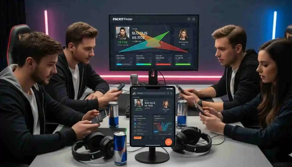 Top Tools & Apps for Using Faceit Finder to Improve Gameplay 2 Group of gamers using the Faceit Finder app during a team session, supported by Faceit Finder Chrome features and a Faceit Finder Discord bot for better collaboration.