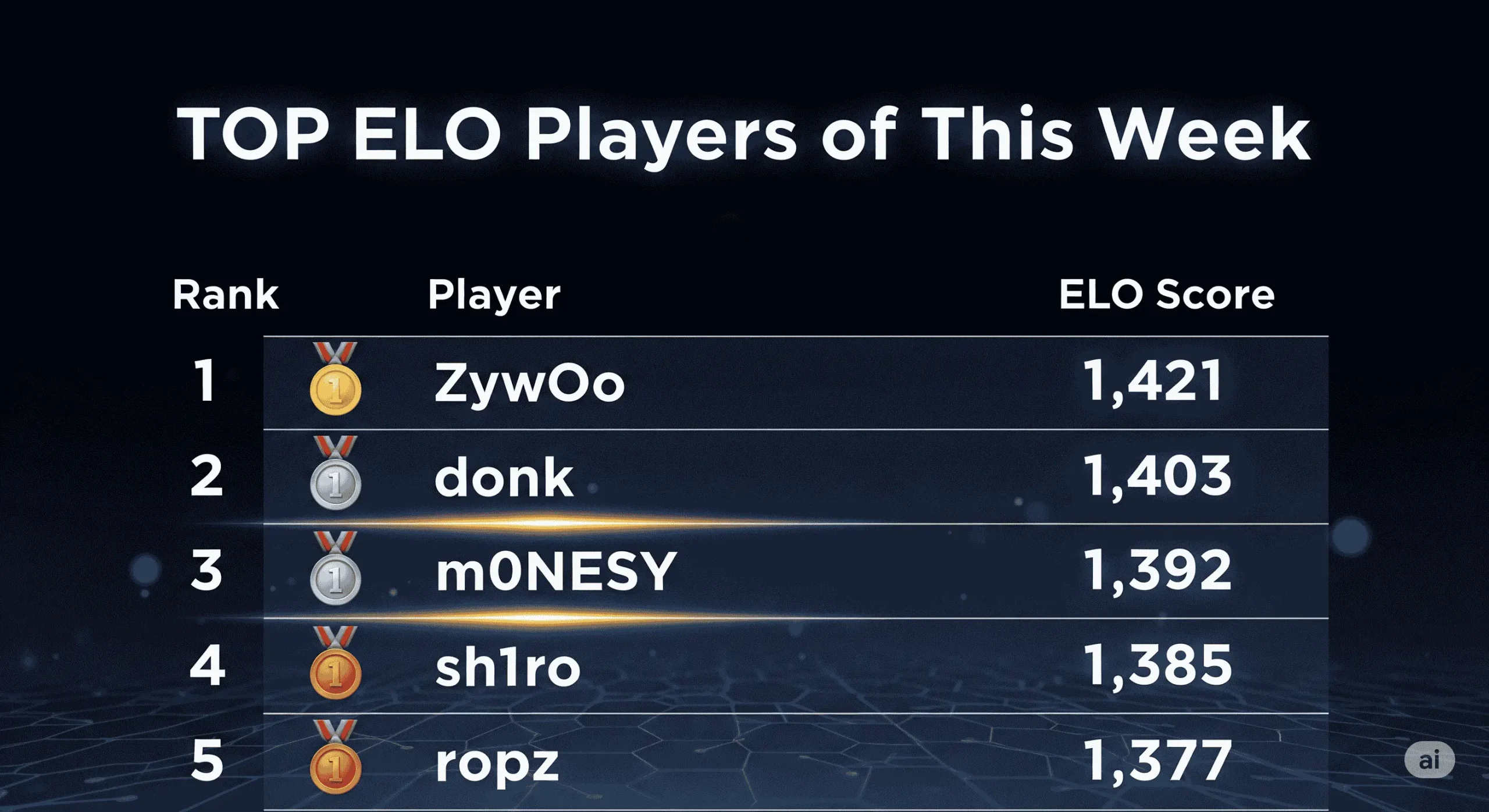 Top ELO players 1 Esports Leaderboard: CS2/CSGO Weekly Player Rankings