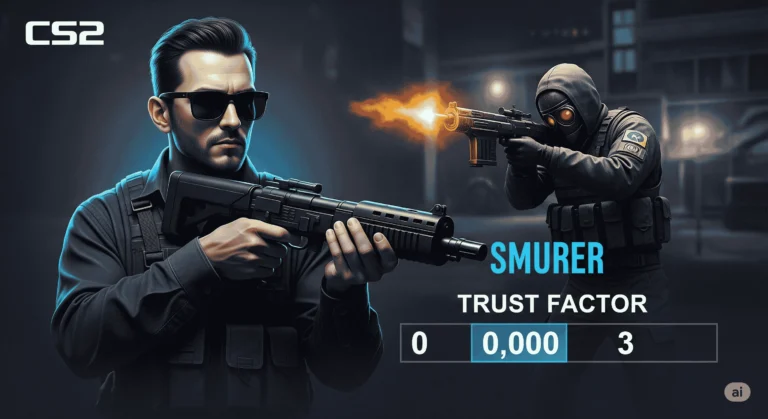 A CS2-themed graphic showing a professional-looking player with sunglasses holding a rifle, aiming at a hooded "smurf" player. A box below them displays "SMURF" and "TRUST FACTOR 0,000," highlighting a low trust factor score.