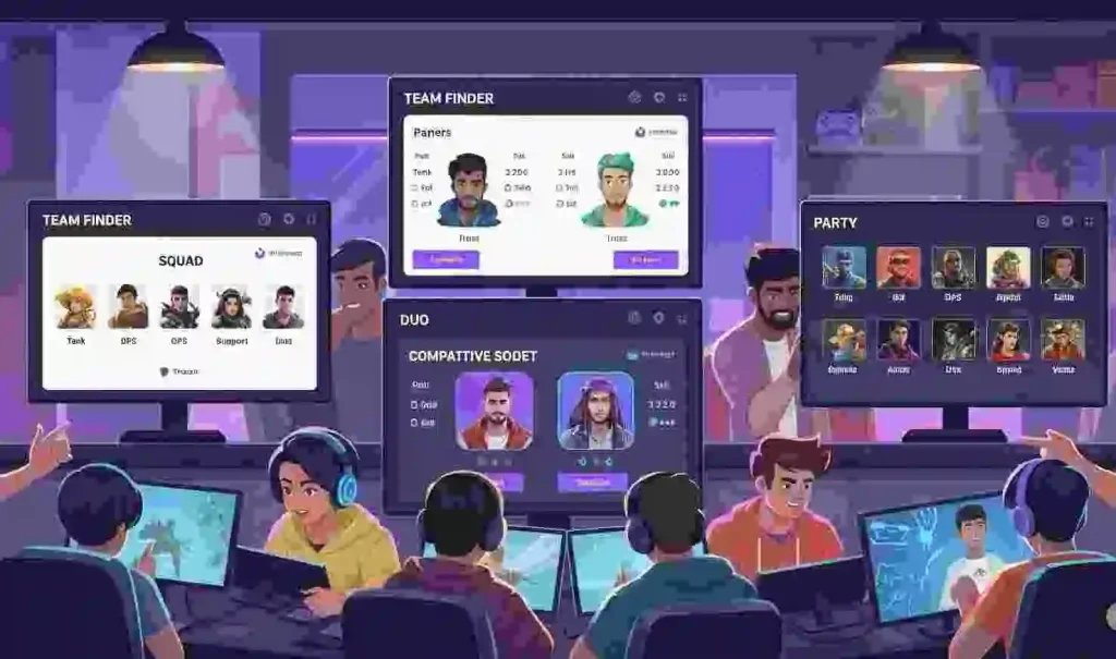 Find the Perfect Faceit Team with Smart Finder Tools 4 An illustration of gamers using a Faceit party finder and Faceit duo finder to form a team. The image shows a group of players at their computers, with screens displaying different team compositions to find reliable and consistent teammates.