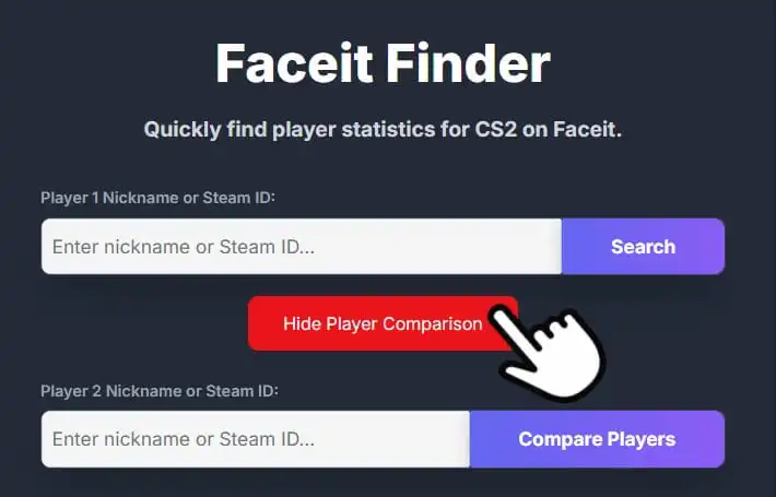 Faceit Finder player comparison tool for CS2, allowing users to enter two player nicknames or Steam IDs to compare stats, including ELO, win rate, and K/D ratio.