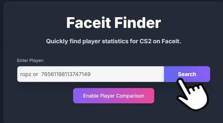 Faceit Finder search feature for CS2, allowing players to search for player stats using nickname or Steam ID, with a clickable search button.