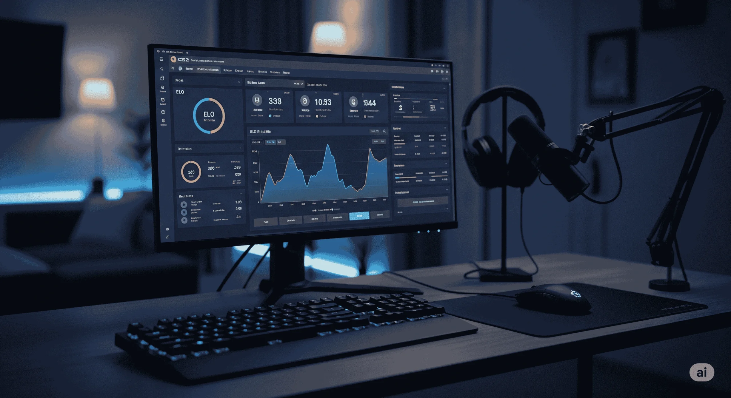 Win Your Games with FACEIT ID Finder CS2 & CSGO Tool 1 A professional-looking gaming setup with a monitor displaying a detailed, dark-themed user interface for a Faceit ID Finder tool. The screen shows charts for player stats like ELO, win rate, and K/D ratio for both CS2 and CSGO, with a keyboard and mouse visible on a clean desk.