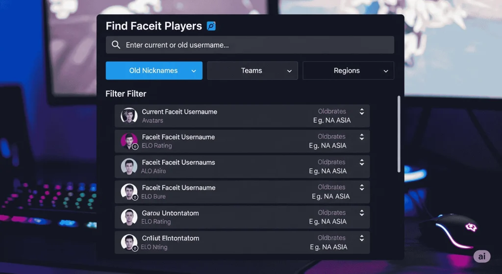 Find FACEIT Players Fast: Username, Nickname & Name Finder Tools 5 A screenshot of a Faceit-style player search interface with a dark theme, showing filters for nicknames, teams, and regions, and a list of sample player profiles with ELO ratings.