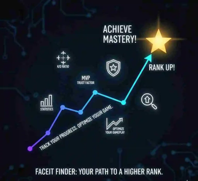 Faceit Finder progress chart showing K/D ratio, MVP, trust factor, and rank improvement.
