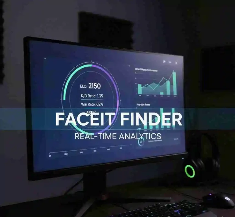 Faceit Finder dashboard displaying real-time analytics with Elo, K/D ratio, win rate, and recent match performance.
