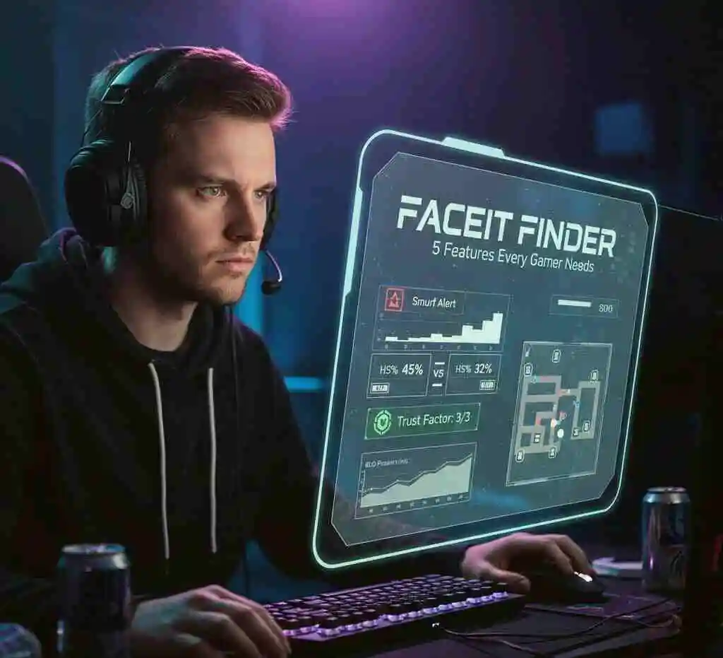 Faceit Finder tool showing smurf detection, trust factor rating, and ELO tracking for CS2 and CSGO players in real time.
