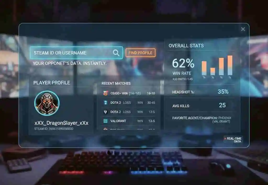 Quickly view a player's Faceit profile, recent matches, and real-time stats using their Steam ID or username with Faceit Finder.