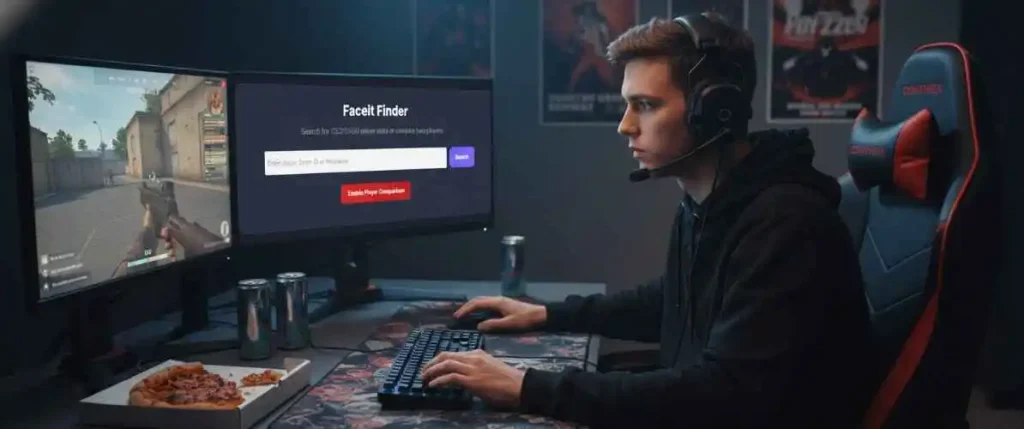 A CS2 gamer using Faceit Finder on a dual-monitor setup to check player stats and profiles during a match.