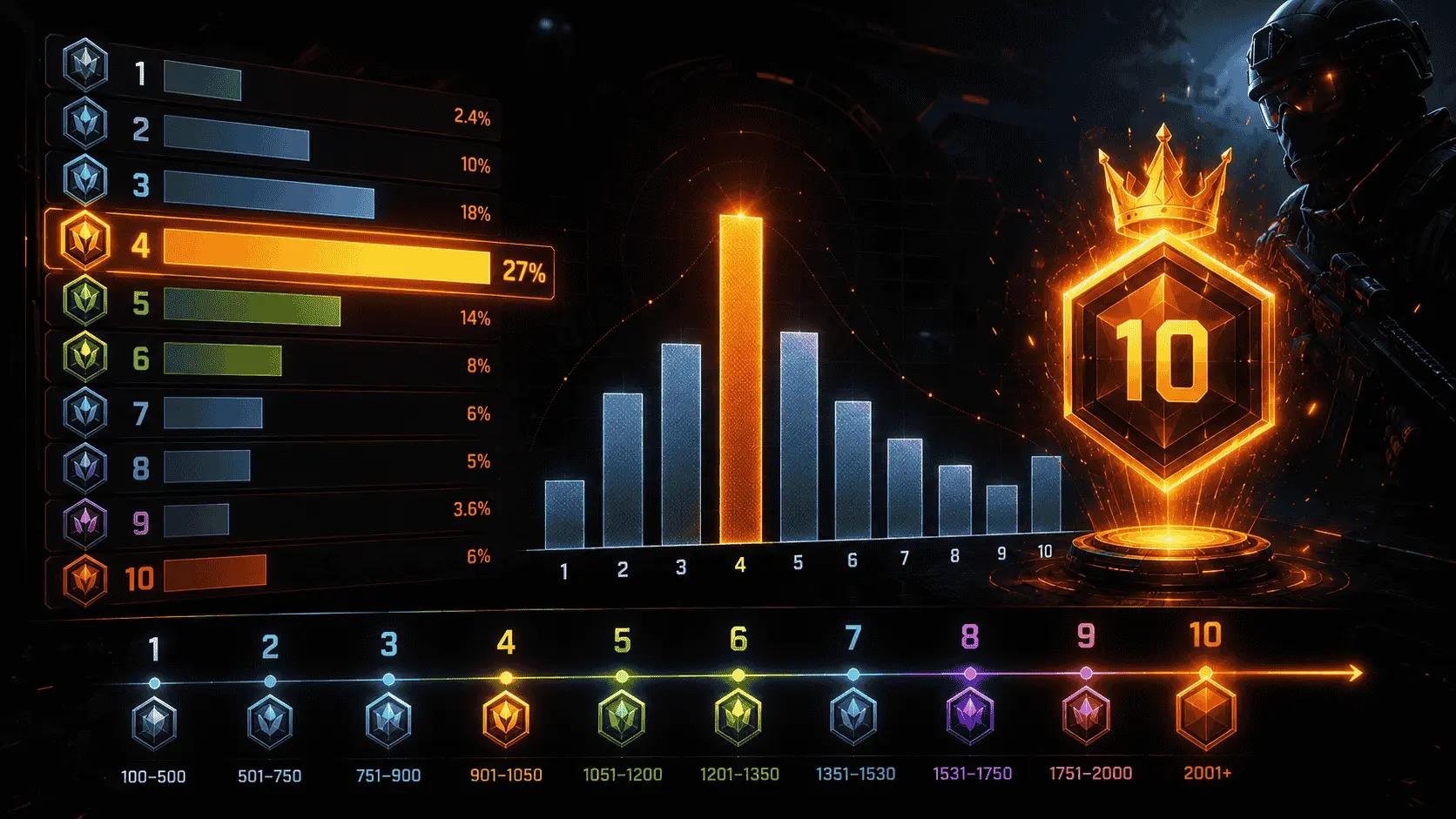 FACEIT Rank Distribution 2026 infographic showing Level 1–10 percentages, Elo ranges, and Level 4 as the largest rank.