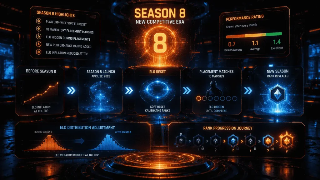 FACEIT Rank Distribution 2026 infographic showing Season 8 Elo reset, placement matches, performance rating, and rank progression.